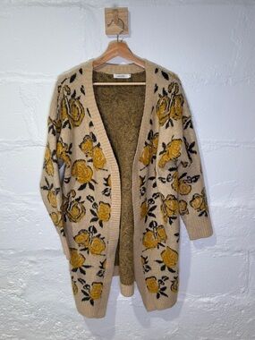 Amaryllis Beige Open-Front Cardigan with Yellow Floral Knit